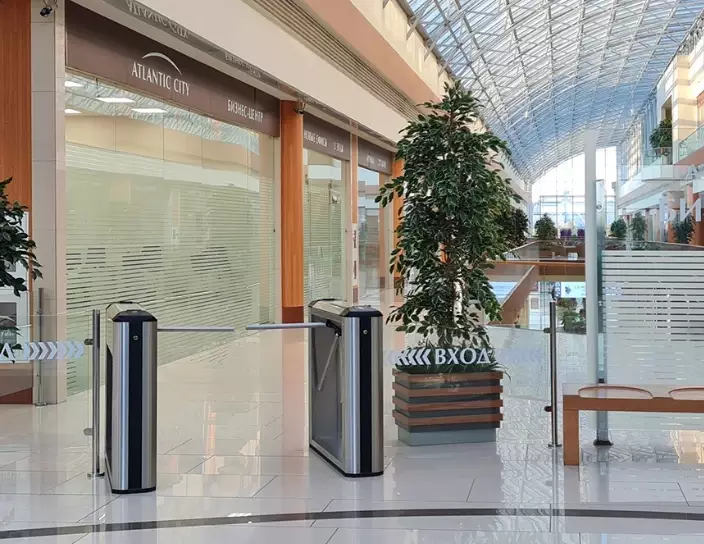 Тумбовые турникеты-триподы TTD-08A, ограждения BH02, бизнес-центр Atlantic Сity, Санкт-Петербург